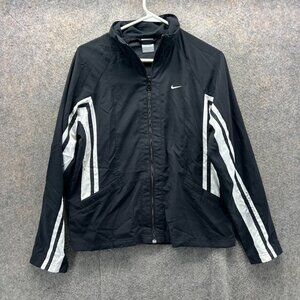 Vintage Nike Jacket Women Medium Black Full Zip Windbreaker Striped Track Y2K